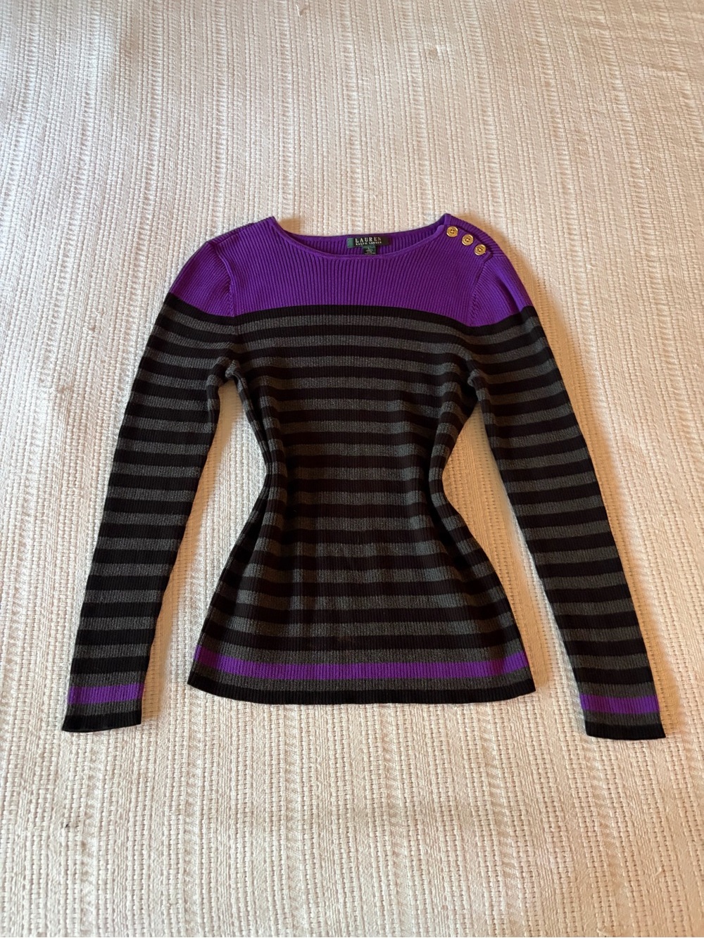 Lauren Ralph Lauren Purple Striped Ribbed Gold Button Shoulder Sweater - Large